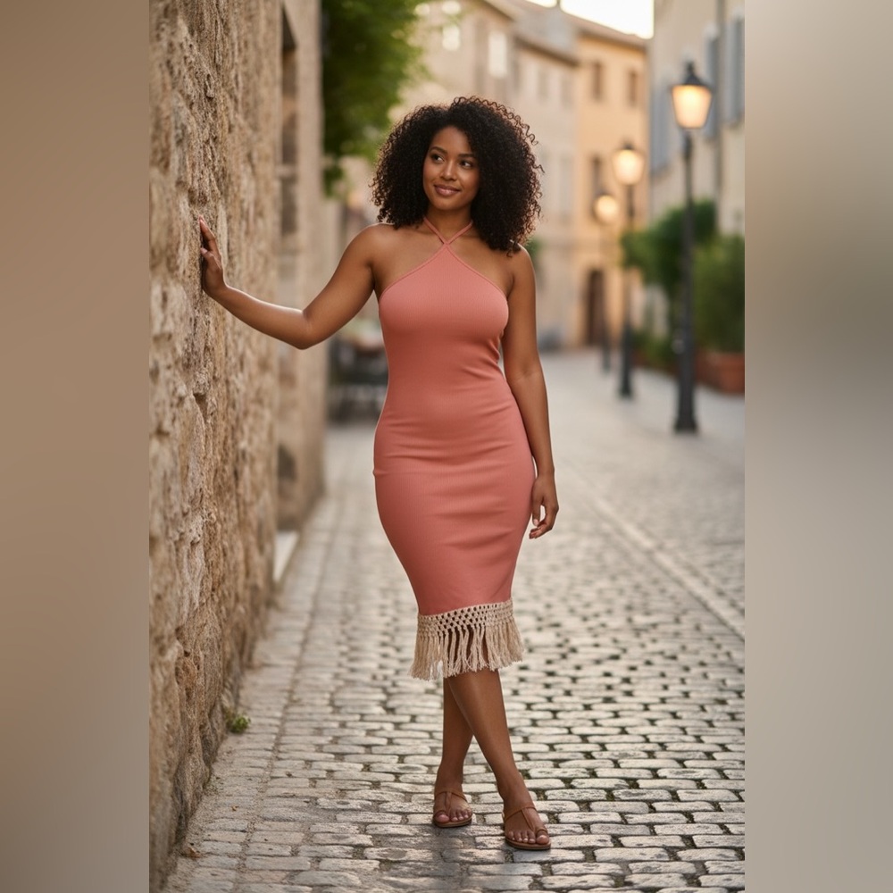 Bodycon Midi Dress Fringe Hem